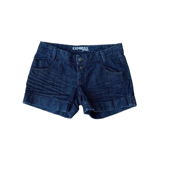 Express Jean Shorts Cuffed 5 Pocket Stretch Dark Women Size 6 (31x4) Button Fly - Picture 1 of 7